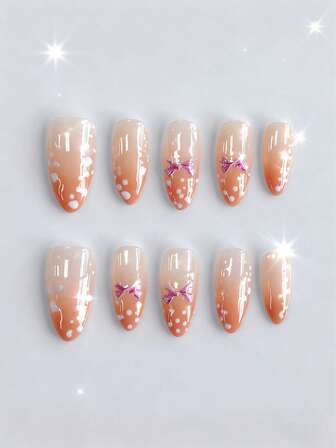 Anime 10 pezzi Unghie finte di alta qualità con fiocco carino, nota musicale, elemento a stella, realizzate a mano + 3 pezzi di adesivo biadesivo, Adesivi per arte di unghie rimovibili con catena di strass stile francese Y2K a pois, adatti per vacanze, feste, ballo e uso quotidiano