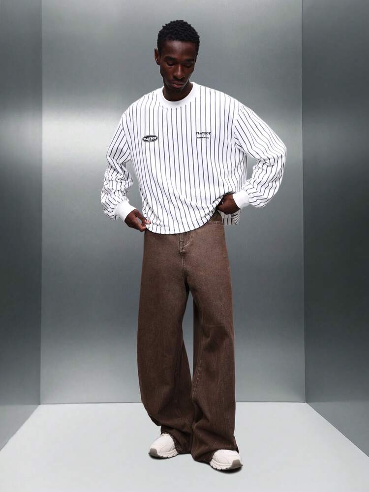 PLAYBOY X SUMWON Striped Long Sleeve Crop Sweatshirt