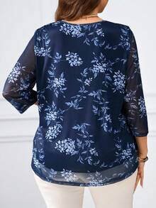 Miaspire 大码女式海军蓝碎花褶皱衬衫，夏季女装，花卉图案，度假风，春季款 - 藏蓝色 - 查看 2
