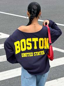 Muchica Letter Print Knit Loose Fit One Shoulder Long T-Shirt For Women,For Going Out, Streetwear, Y2K - Royal Blue - View 1