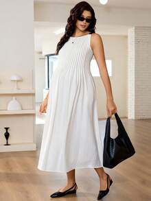 MaterniWear 优雅纯色无袖孕妇通勤连衣裙 - 白色 - 查看 3