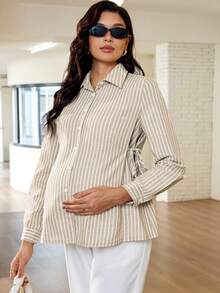 MaterniWear 春季女士办公室、商务孕妇工作休闲衬衫，秋季条纹侧系腰长袖休闲棉质衬衫 - 卡其色 - 查看 4