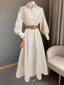 Franclia 女式纯色前扣休闲长袖连衣裙 - 杏色 - 查看 6