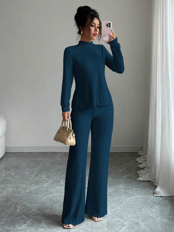 Elenzga 2 piezas Conjunto de camiseta de manga larga y pantalones casuales para mujer, forrado térmico, otoño/invierno