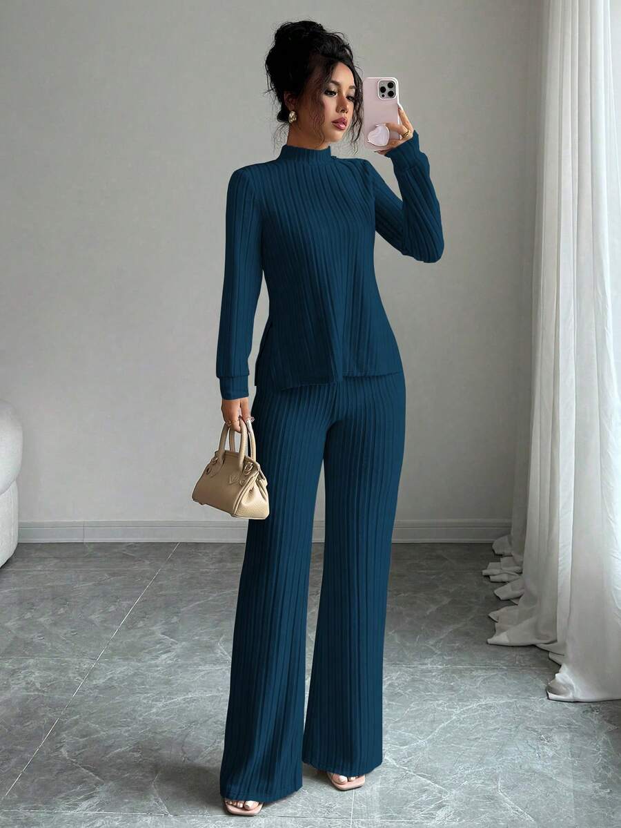Elenzga 女士休闲长袖T恤长裤两件套，带保暖内衬，秋冬季 - 寶藍色 - 查看 1