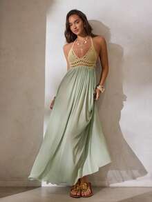 Aloruh Vestido elegante y sexy con escote en V profundo, hecho de ganchillo y parches de malla, para mujer. Ideal para vacaciones, atuendo de playa y vestidos de verano en color verde salvia para mujer. - Caqui - Ver 5