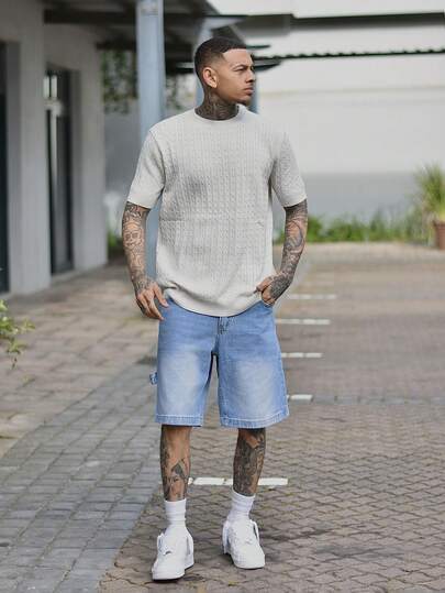 Devon Thys 男士百慕大牛仔短裤，美式休闲做旧浅蓝色宽松及膝短裤，夏季