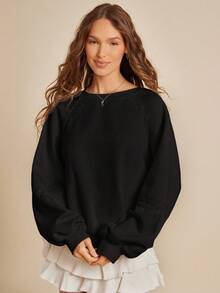 WESTFADE Fleece & Crochet Lace Crewneck Raglan Sleeve Boxy Fit Sweatshirt Back To School Fall Clothes - Black - View 3