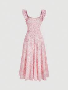 SHEIN MOD 方領花卉印花網紗中長裙，褶邊下擺和收腰設計 - 粉色 - 查看 2