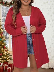 Vionelle 大码纯色前开襟长袖外套，适合新年穿着 - 紅色 - 查看 6