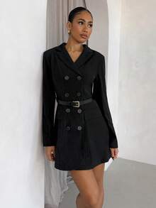 SHEIN Glamour Chaqueta elegante de mujer de doble botonadura en color negro, adecuada para ir al trabajo, atuendos de otoño/invierno, uso al aire libre, casual de negocios, abrigo de invierno - Negro - Ver 4