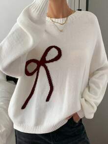 DAZY Cream-White Bow Knitted Sweater For Women, Loose Vintage Style, Autumn/Winter - Coffee Brown - View 5