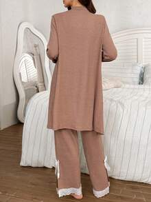 Moonlight&Mama 3pcs Solid Color Ribbed Contrast Lace Camisole, Pants And Jacket Maternity Casual Pajama Set, Winter