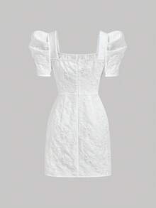 SHEIN MOD 提花方领泡泡袖束身连衣裙 - 白色 - 查看 2