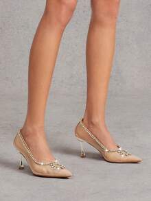 SHUZIA Women's Fashionable Sexy Point Toe Mesh Rhinestone Embellishments Pumps - Beige - View 2