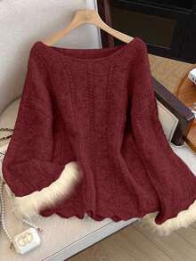 DreamSkyne Women's Off Shoulder Long Sleeve Solid Color Crew Neck Twist Cable Patchwork Fringe Cuff Casual Elegant Plus Size Pullover Knit Sweater, Fall Winter Sweater For Women Knitted Tops Sweater Top Red Sweater Off Shoulder Sweater - Burgundy - View 1