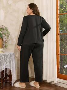 Côtesoire Set de 2 piezas de ropa de estar en casa con cuello redondo, manga larga y parches de encaje de estilo francés en unicolor - Negro - Ver 3
