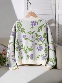 少女百搭时尚紫色花卉针织开衫 - 复古花卉提花，长袖，适合秋冬季节，柔软舒适，时尚百搭，适合日常穿着、节日庆典、外出游玩、旅行度假、居家穿着以及返校季。花卉开衫毛衣，纽扣长袖花卉衬衫，夏季外套 - 杏色 - 查看 2