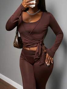 Slaydiva 2025新款秋冬基础休闲学生居家舒适柔软运动跑步瑜伽保暖芭蕾舞少女风吊带背心+长袖绷带上衣+喇叭裤女裤三件套-B - 棕色 - 查看 6