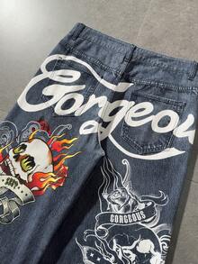 ROMWE MEN Anime Men's Letter & Skull Graphic Wide Leg Casual Jeans - Blue - View 4