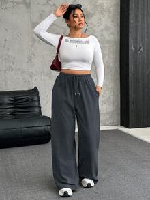 SHEIN EZwear 大码保暖抓绒抽绳腰宽松休闲裤 - 灰色 - 查看 4