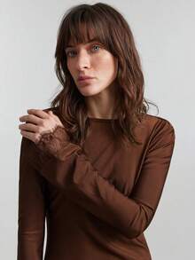 Ontre 女士棕色纹理高弹舒适面料露背蕾丝拼接V领露背前襟常规肩长袖美人鱼廓形复古邮轮度假风时尚都市休闲商务正式办公室连衣裙，优雅低调复古风格，高品质机场时尚，四季皆宜的美丽长裙，派对必备棕色长裙棕色婚礼宾客礼服棕色优雅连衣裙女士长袖优雅连衣裙棕色性感连衣裙情人节特别设计高端、优雅、复古 - 棕色 - 查看 7