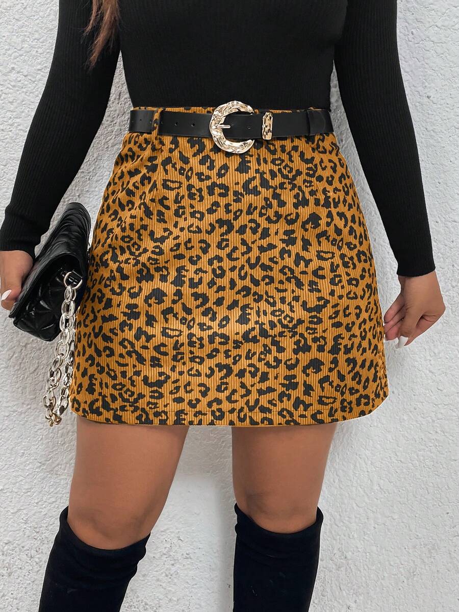 Firerie Chân váy midi H-line họa tiết da báo cỡ lớn dành cho nữ, thoải mái, thường ngày, thu/đông - Màu Khaki - Xem 1