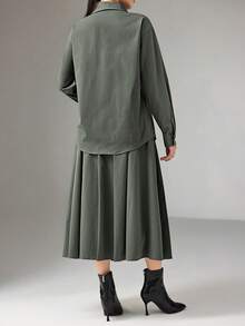 Heiryn 女士纯色衬衫和百褶裙两件套，时尚通勤 - 綠色 - 查看 3
