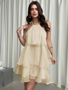 Firerie Váy bồng cổ yếm organza trắng hở lưng nhiều lớp lãng mạn thanh lịch, thích hợp cho ngày lễ tình nhân - Màu be - Xem 4