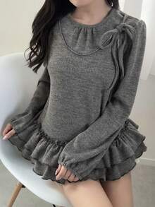 FRIFUL Áo thun nữ 2 trong 1, áo hai dây phối vải, áo khoác ngoài phối vải, áo thun ôm dáng ôm vừa vặn, kiểu dáng ngọt ngào, thường ngày, có nơ và bèo nhún. - Xám - Xem 7