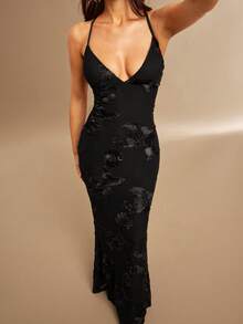 Silquee 优雅提花针织露背连衣裙 - 黑色 - 查看 5