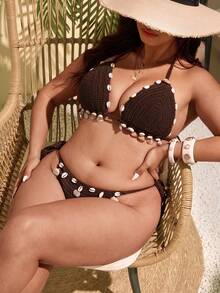 Swim Vcay 2026 Women's Plus Size Swimwear Set,Boho Shell Decor Crochet Beach Bikini,Summer Holiday Vacation Outfit Swimwear - Brown - View 7