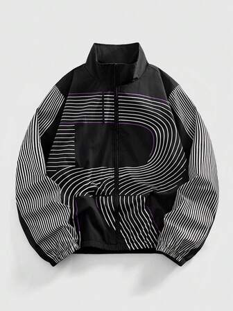 Street Life Chaqueta casual con cremallera y estampado de líneas para hombre, otoño
