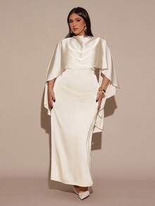 SHEIN BAE Váy satin thắt eo thanh lịch màu mơ cỡ lớn dành cho nữ - Màu be - Xem 2