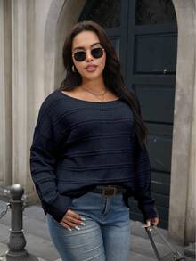 SHEIN CURVE+ 大码女式套头毛衣，宽松圆领针织衫，休闲舒适风格，适合秋冬季、万圣节、圣诞节、返校季穿着。 - 寶藍色 - 查看 4