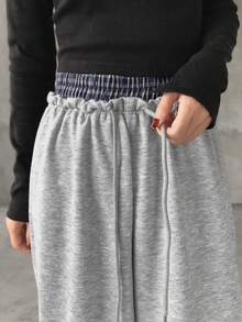 FRIFUL Women's Contrast Color Waist Patchwork Plaid Fabric Elastic Waist Drawstring Straight Leg Casual Loose Versatile Pants, Autumn/Winter - Grey - View 3