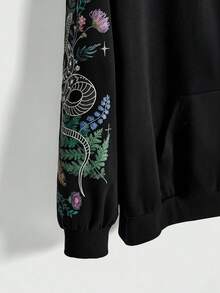 ROMWE EDITION 哥特风 Y2K 旋花、蝴蝶、盘蛇、荆棘树图案加大码黑色拉链卫衣外套，秋冬加大码女式黑色卫衣外套，圣诞节假日休闲女式卫衣外套 - 黑色 - 查看 3