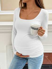 SHEIN 孕妇纯色简约长袖T恤，日常孕妇装 - 淺粉色 - 查看 5