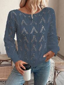 SHEIN LUNE Vacation Style Casual Hollow Floral Pattern Off-Shoulder Loose Pullover Sweater - Navy Blue - View 4