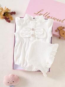 SHEIN 可爱蝴蝶结公主连体衣，适合女婴，新生儿可爱服装，100天适用，春秋季 - 米色 - 查看 6