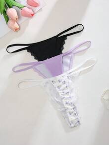 SHEIN 3件套女士蕾丝拼接花卉丁字裤，带蝴蝶结装饰 - 彩色 - 查看 2