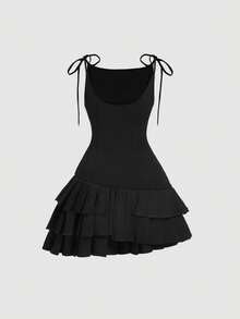 SHEIN MOD Váy midi thắt nơ cổ điển ngọt ngào cho nữ, váy ngắn đen, váy ngắn đen, trang phục dự tiệc sinh nhật, váy dạ hội, trang phục tiệc độc thân - màu đen - Xem 2