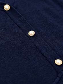 SHEIN Stylify V-Ausschnitt Knopf Taille anliegendes Strickkleid mit Langarm, eleganter französischer Stil für Herbst/Winter - marineblau - Übersicht 3