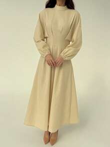 Aloruh 简约通勤立领收腰褶皱泡泡袖米色竹纤维棉 A 字裙女式 - 杏色 - 查看 5