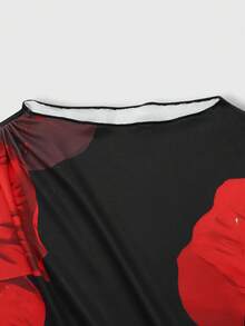 SHEIN Franclia Women's Fashionable Red & Black Floral Print Flare Sleeve Long Dress, Valentine's Day Dress - Multicolor - View 8