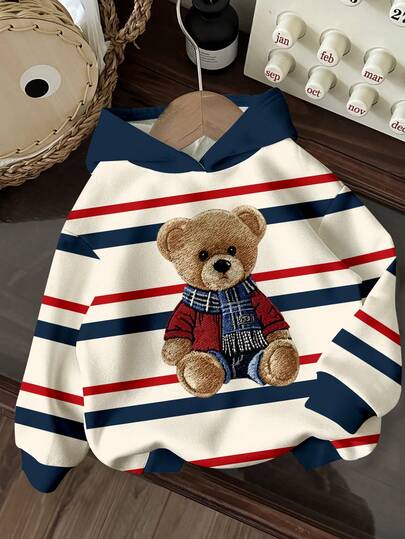 SHEIN 男童休闲宽松时尚经典保暖舒适可爱小熊图案长袖卫衣，经典条纹、学院风、卡通设计，适合秋冬季穿着。