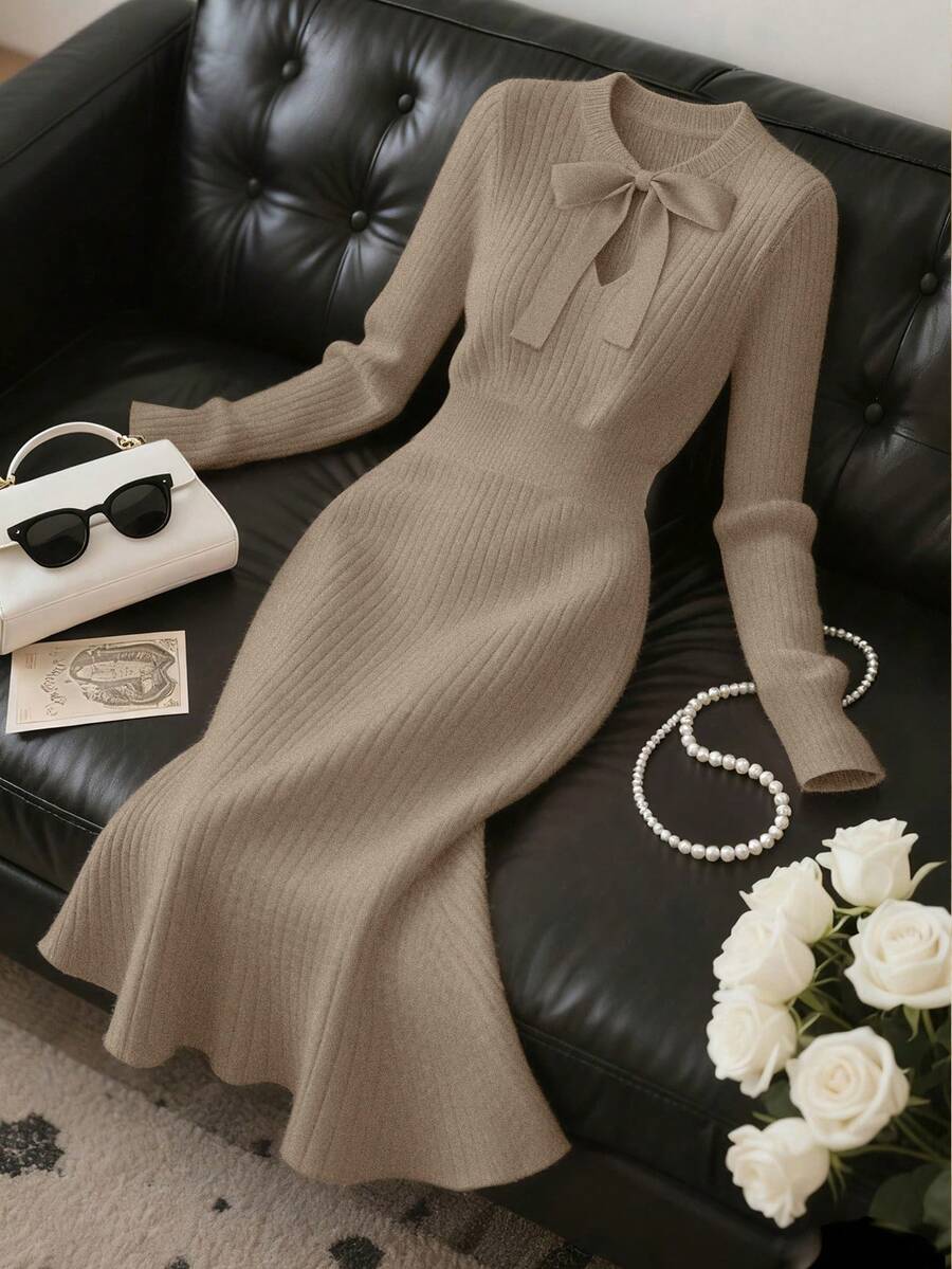 Franclia New Stylish Elegant Versatile High-Quality Women Knitted Sweater Dress, Autumn - Apricot - View 1