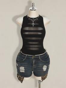 SHEIN ICON 大码 Y2K 风格透视做旧性感吊带背心 - 黑色 - 查看 6