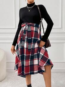 SHEIN Cherish Maternity 秋冬季罗纹拼接格纹系带连衣裙 - 紅色 - 查看 4