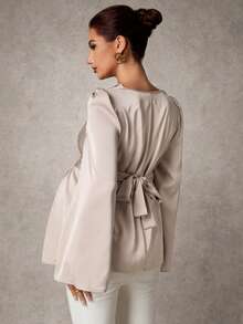 MaterniChic Maternity Clothes Maternity  Tops Spring And Summer Pregnant Clothes Apricot Maternity Blouse, Satin V-Neck, Long Sleeves, Elegant Party - Apricot - View 2